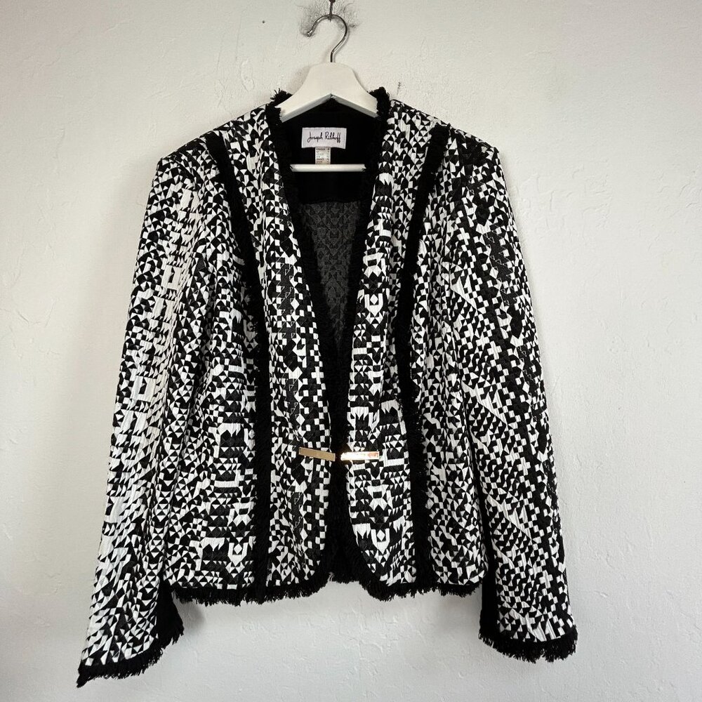 Joseph Ribkoff Womens Black White Geometric Fringe Blazer Jacket Size 12 Stretch